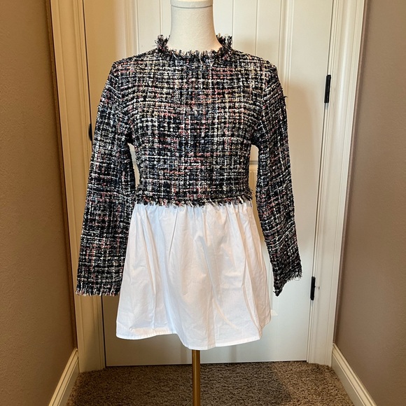 Tops - Chic Black and White Tweed Blouse with Fringe